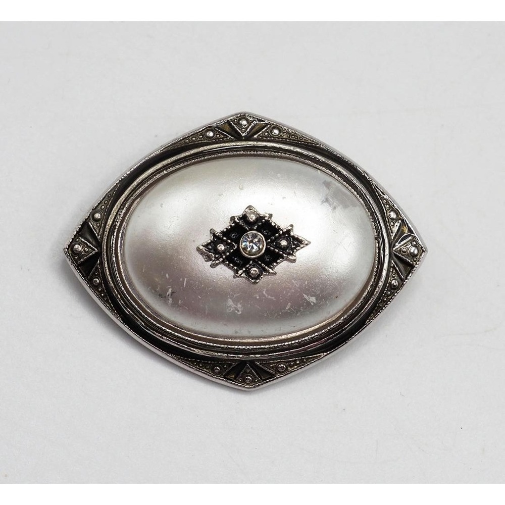 Avon Vintage Art Deco Faux Pearl Rhinestone Brooch Scarf Slide Silver Tone